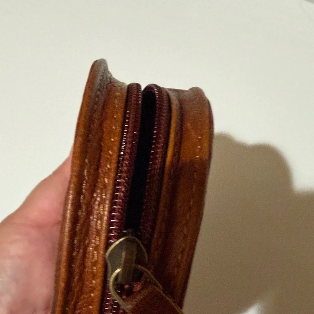 Tooled Leather Cherry Round Wristlet Pouch - Brown with Red Accents